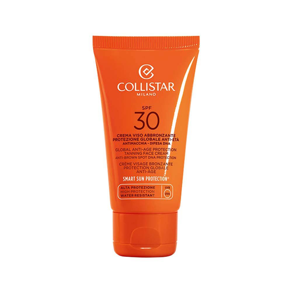 Tube orange. Logo Collistar, SPF 30. Crème visage bronzante, anti-âge. Résistant à l'eau.