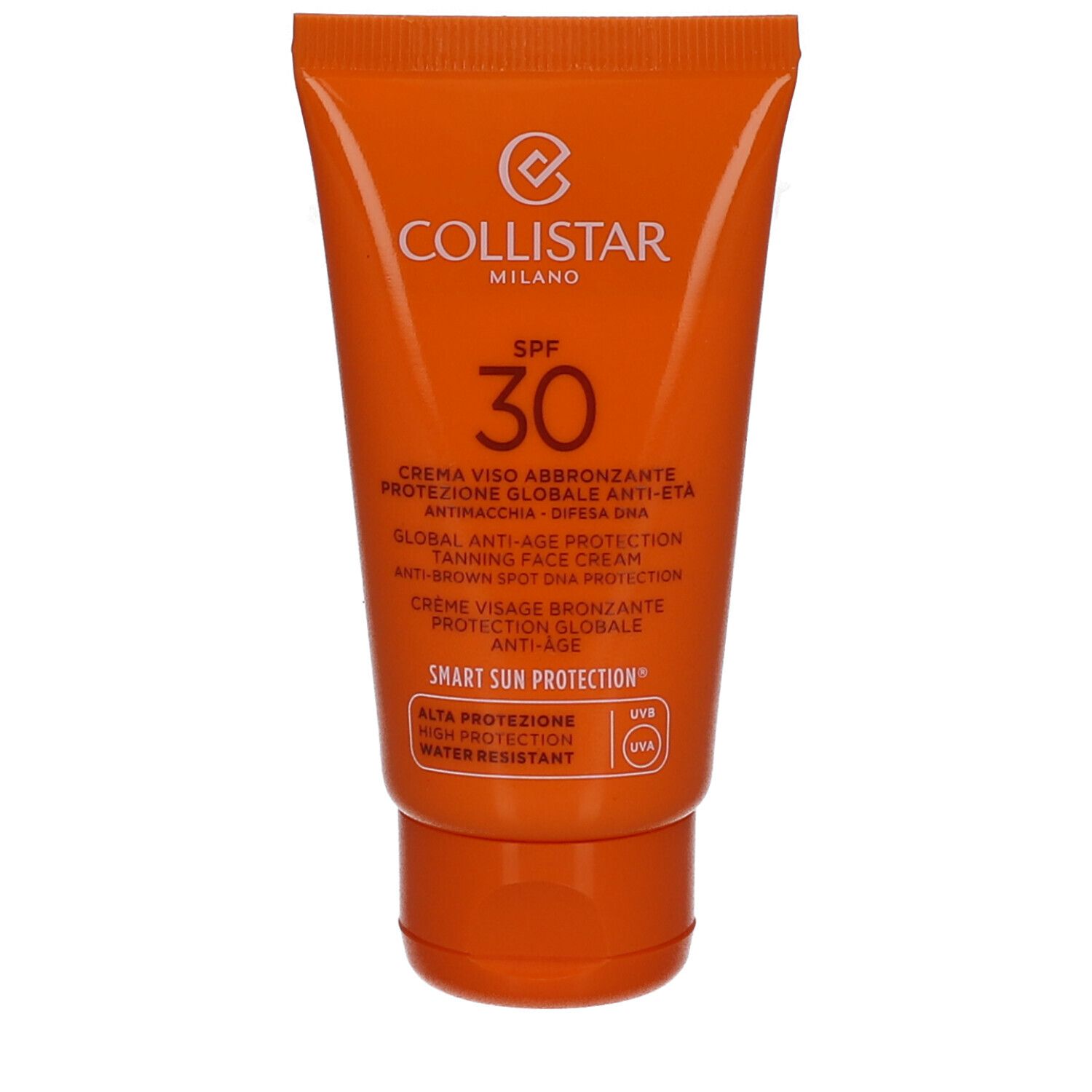 Tube orange Collistar, SPF 30. Crème visage bronzante, protection anti-âge. Résistant à l'eau. Logo et texte.