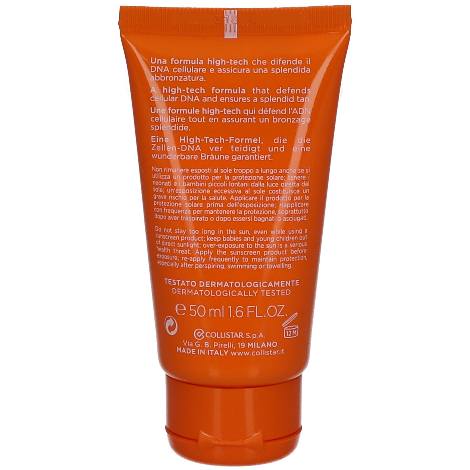 Dos du tube orange. Texte multilingue. Testé dermatologiquement. 50 ml. Fabriqué en Italie.