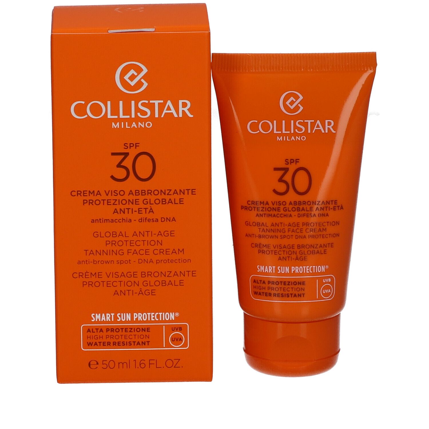 Emballage produit : boîte et tube oranges. Collistar, SPF 30. Crème visage bronzante, anti-âge. 50 ml.