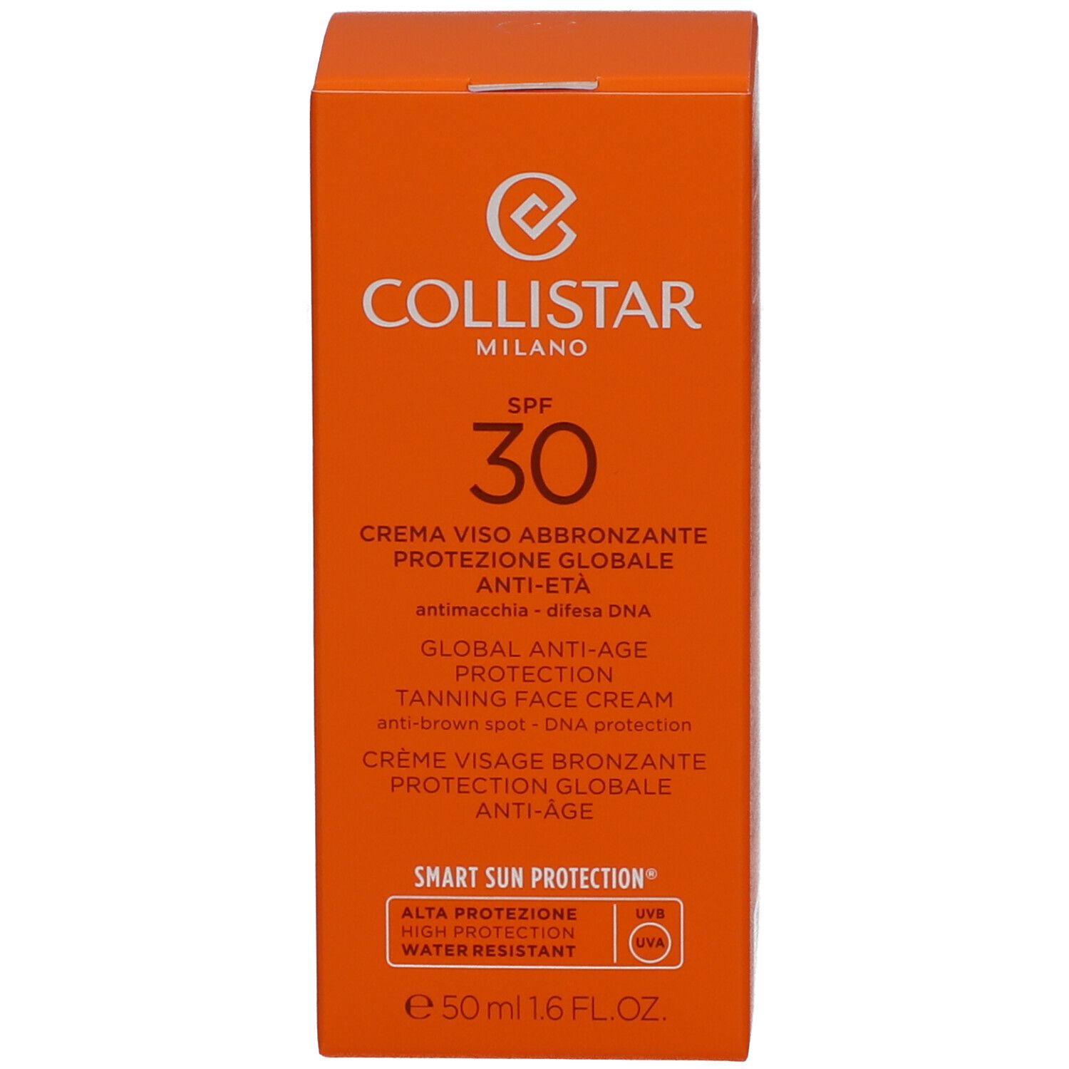 Boîte orange. Collistar, SPF 30. Crème visage bronzante, anti-âge. 50 ml. Texte.