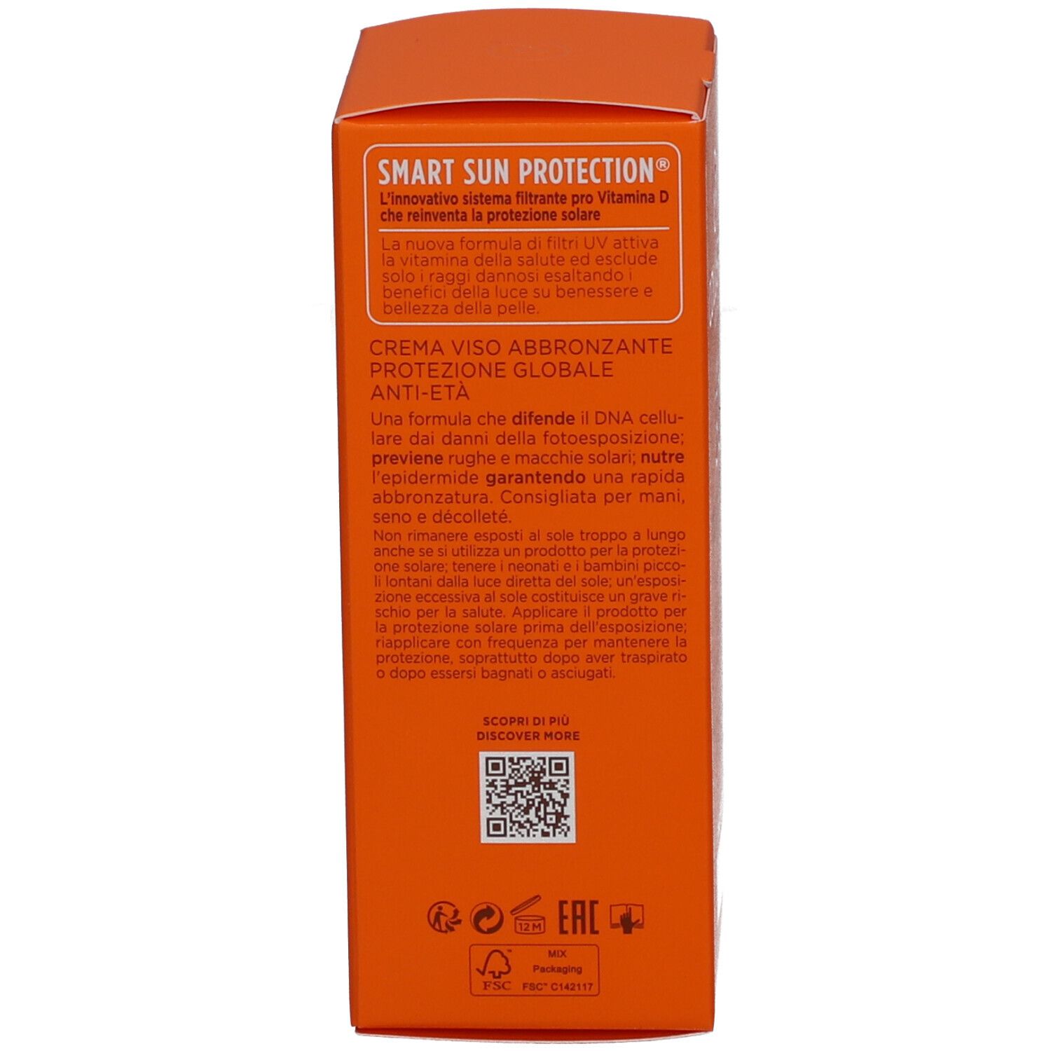 Dos de la boîte orange. Texte multilingue. Code QR. Écolabels. Testé dermatologiquement.
