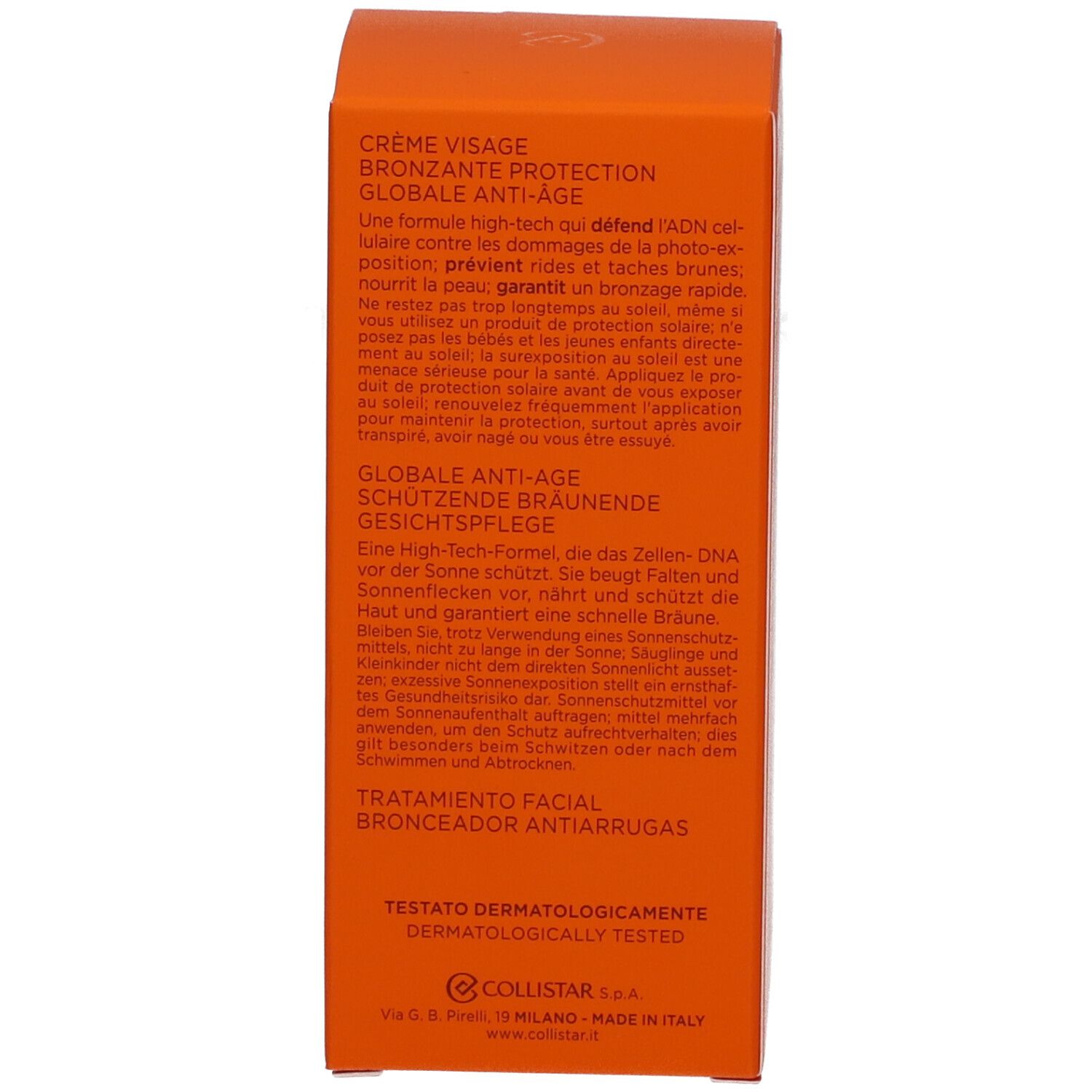 Côté de la boîte orange. Texte multilingue. Testé dermatologiquement. Fabriqué en Italie.