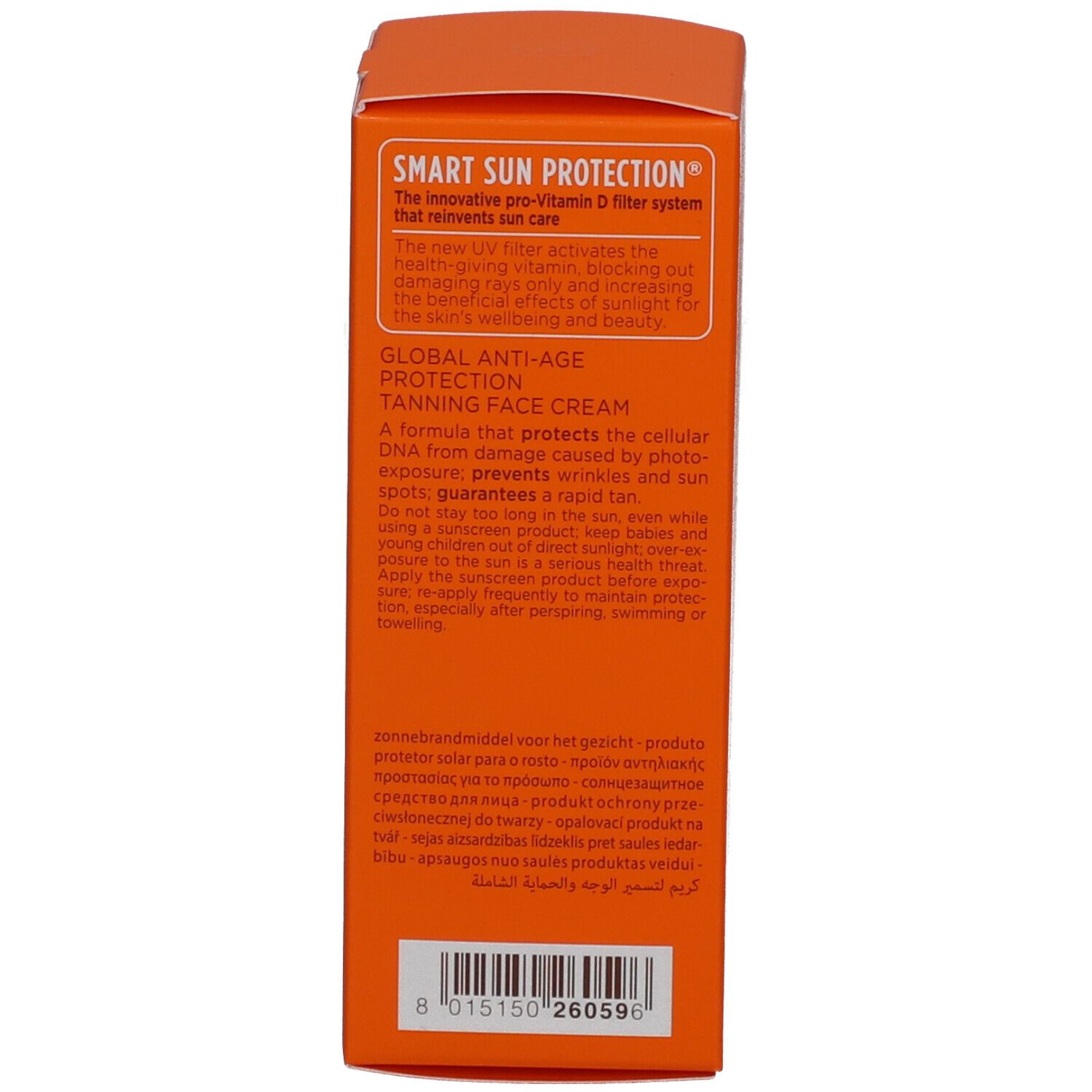 Dos de la boîte orange. Texte multilingue. Code-barres. Testé dermatologiquement.