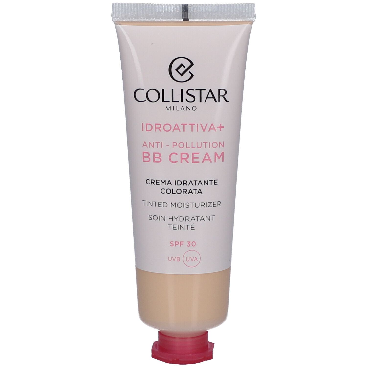 Tube de crème BB Collistar Idroattiva+ Anti-Pollution. Teinte Light. SPF 30. Bouchon rose. Texte en italien.