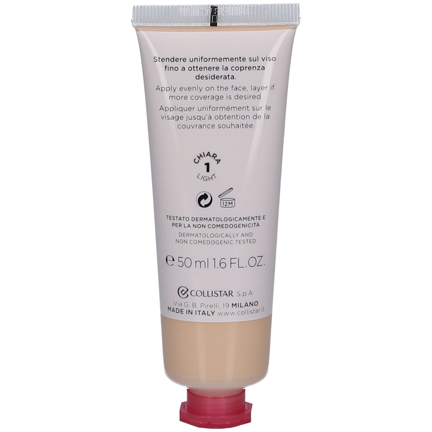 Dos du tube de crème BB. Collistar Idroattiva+ Anti-Pollution. Teinte Light. SPF 30. Texte en italien.