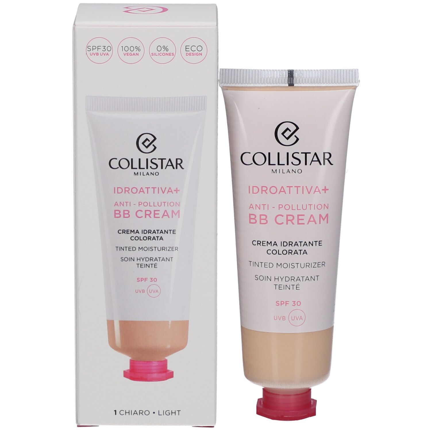 Tube et emballage de crème BB. Collistar Idroattiva+ Anti-Pollution. Teinte Light. SPF 30. Vegan.