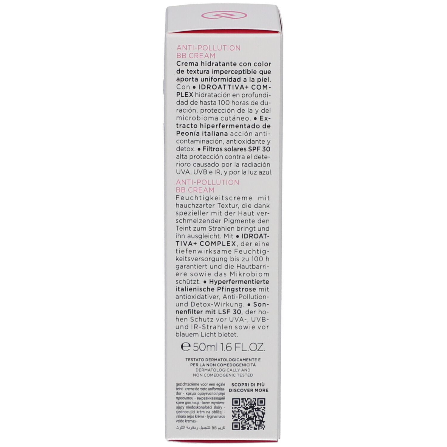 Emballage de crème BB. Collistar Idroattiva+ Anti-Pollution. Texte en italien. SPF 30.