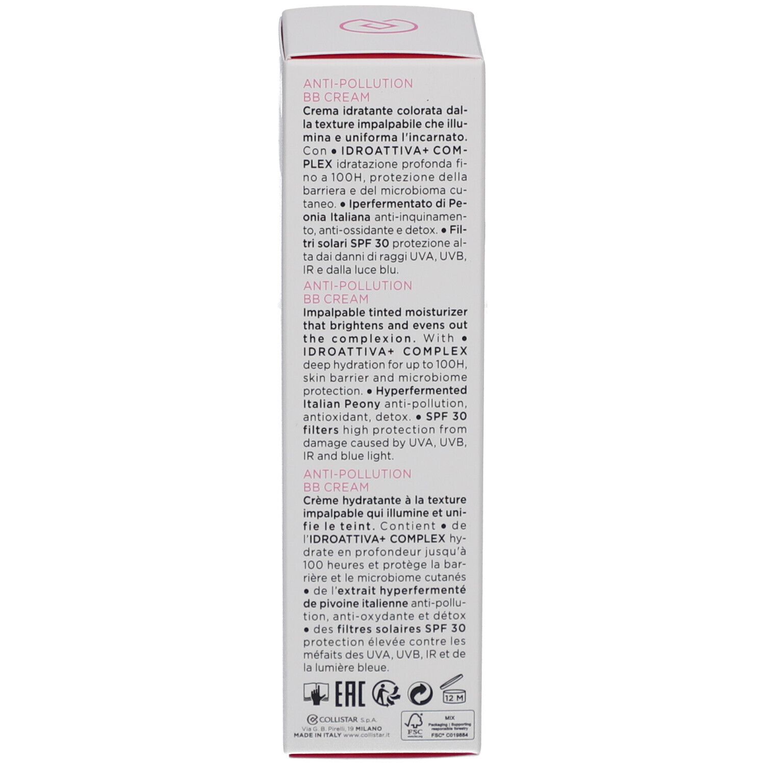 Dos de l'emballage de crème BB. Collistar. Textes en italien et français. SPF 30.