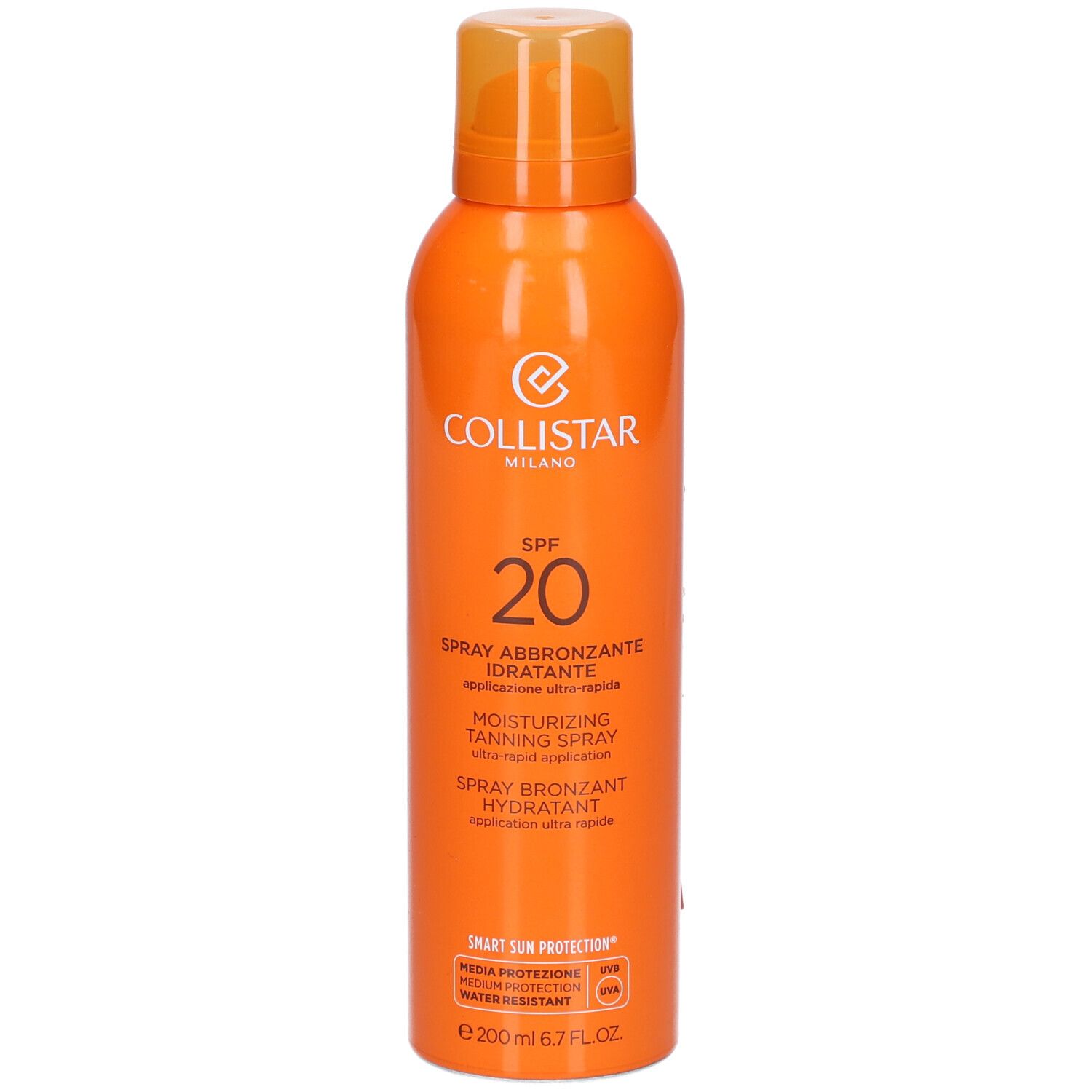 Collistar Spray Bronzant Hydratant, orangefarbene Sprühflasche mit SPF 20. Text: Spray Abbronzante Idratante.