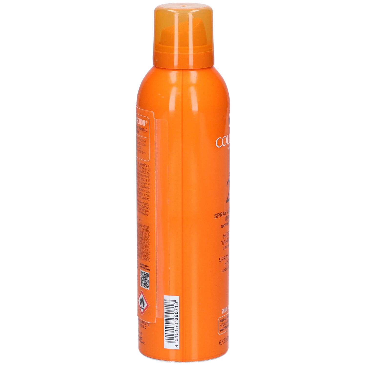 Collistar Spray Bronzant Hydratant, orangefarbene Sprühflasche. Rückseite mit Text und QR-Code. Enthält SPF 20.