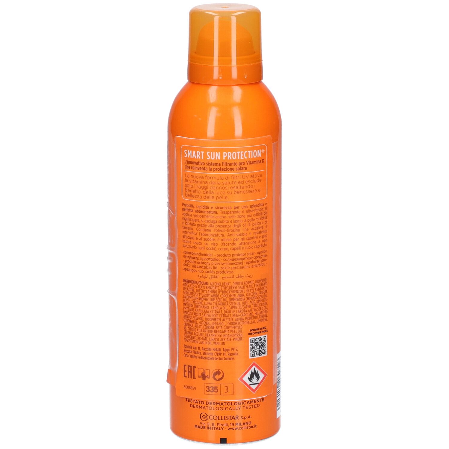 Collistar Spray Bronzant Hydratant, orangefarbene Sprühflasche. Rückseite mit Text und QR-Code. Enthält SPF 20.