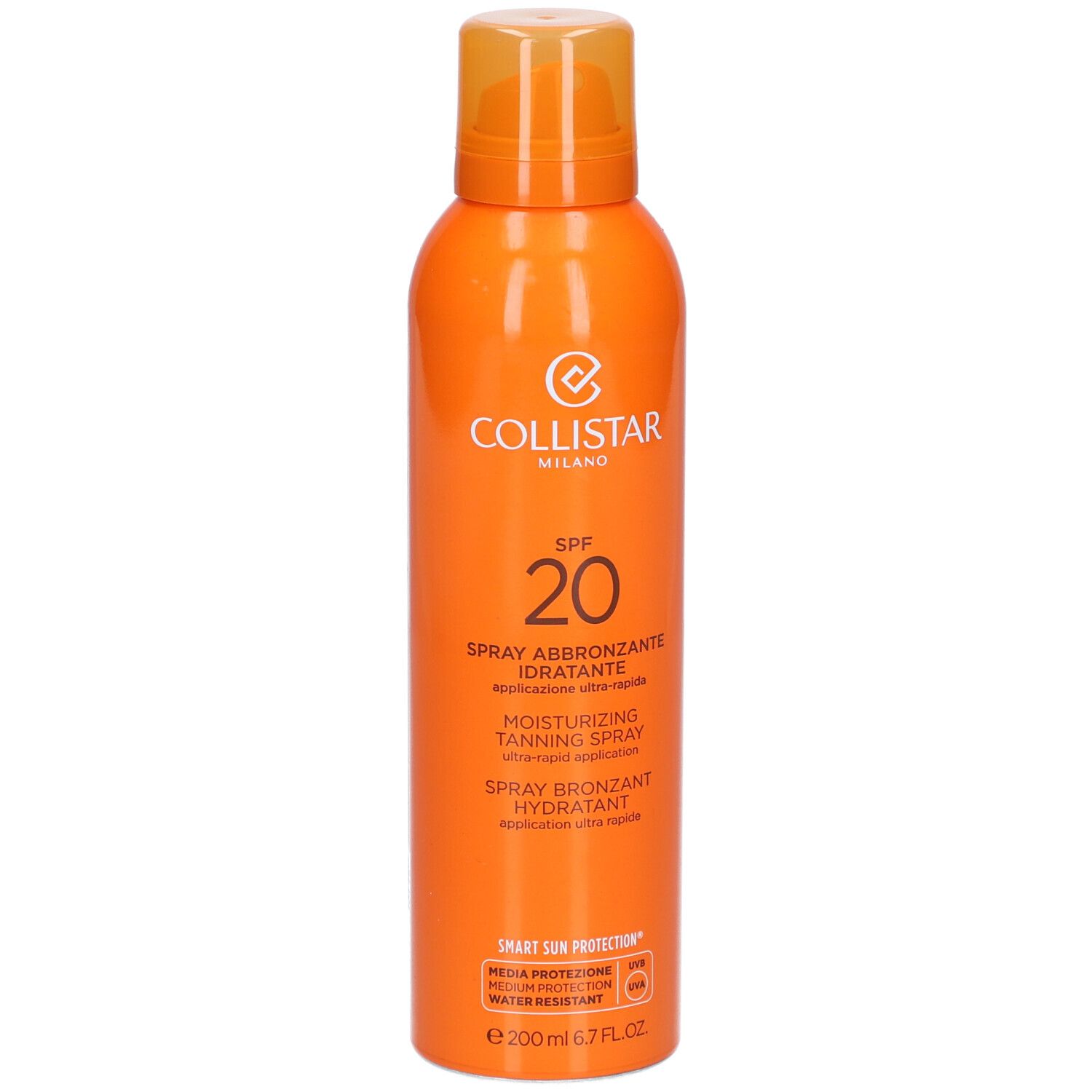 Collistar Spray Bronzant Hydratant, orangefarbene Sprühflasche mit SPF 20. Text: Spray Abbronzante Idratante.
