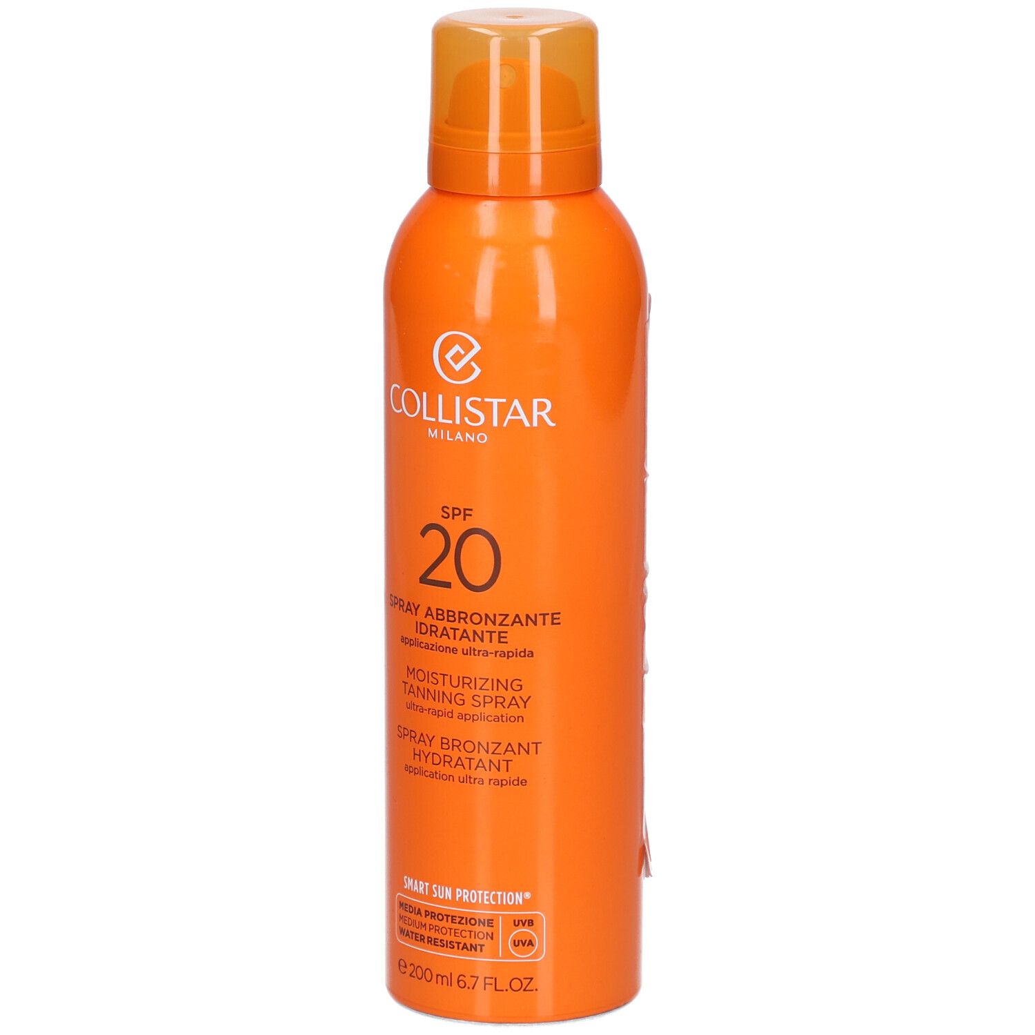 Collistar Spray Bronzant Hydratant, orangefarbene Sprühflasche mit SPF 20. Text: Spray Abbronzante Idratante.