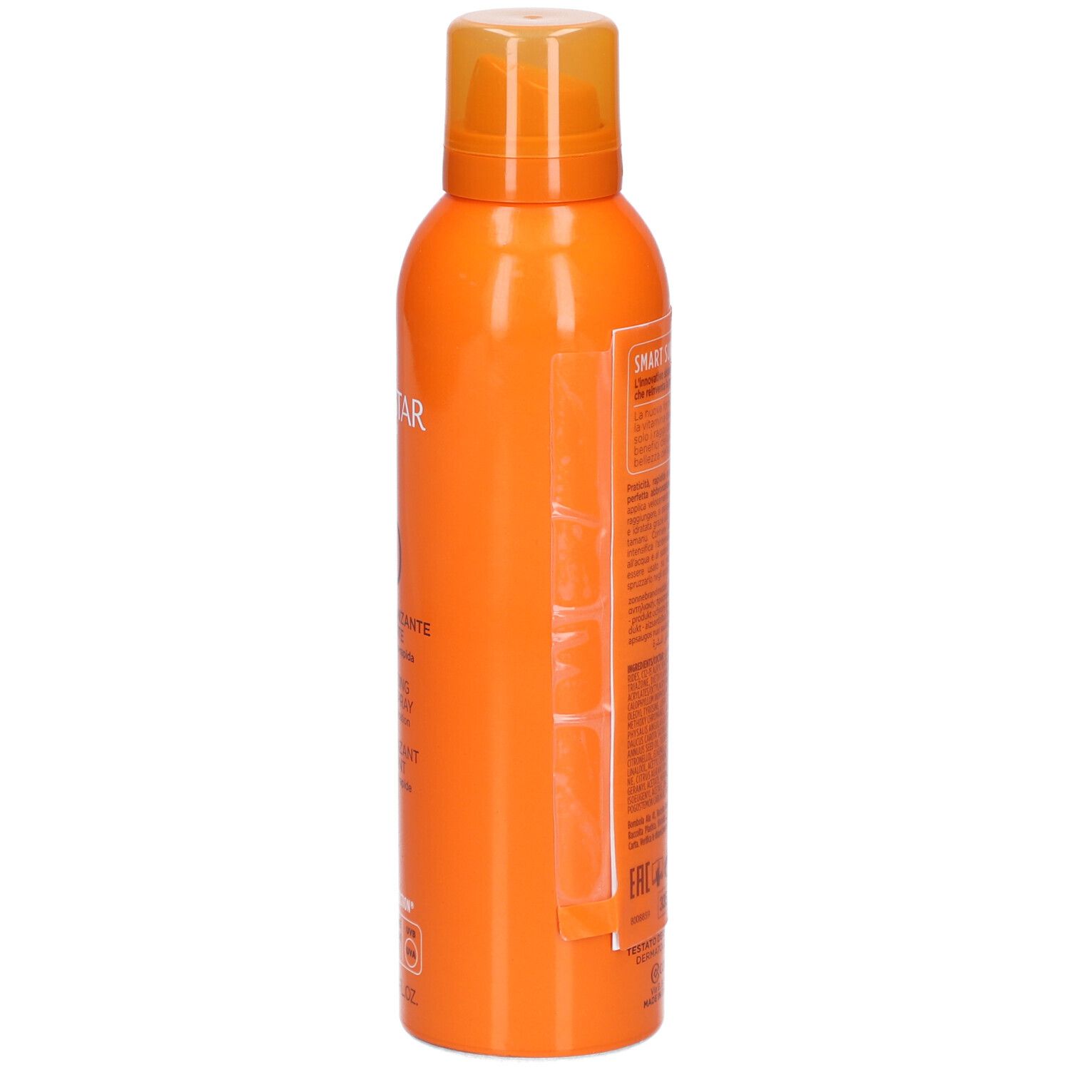 Collistar Spray Bronzant Hydratant, orangefarbene Sprühflasche. Seite mit Text. Enthält SPF 20.