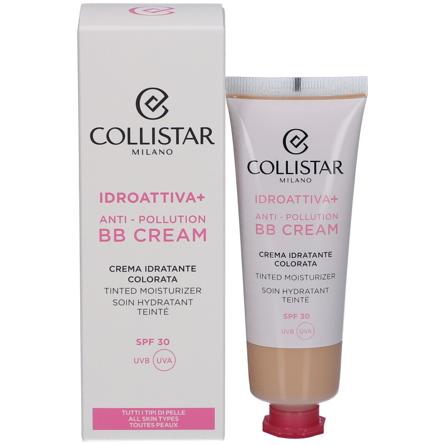 Collistar IDROATTIVA+ Anti-Pollution BB Cream et emballage. Teinte Medium, SPF 30. Tous types de peau.