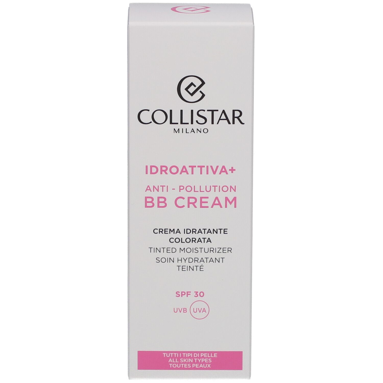 Emballage Collistar IDROATTIVA+ Anti-Pollution BB Cream. Teinte Medium, SPF 30. Tous types de peau.