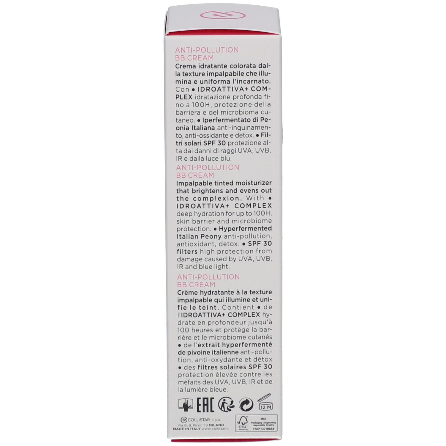 Emballage Collistar IDROATTIVA+ Anti-Pollution BB Cream. Description du produit en trois langues.