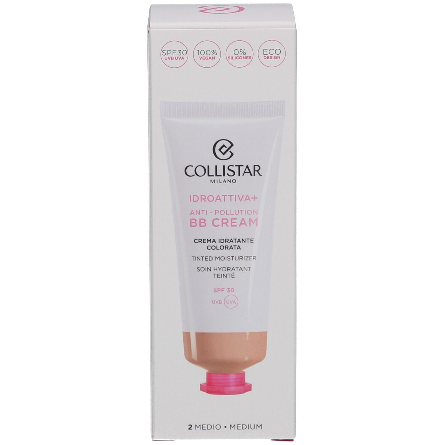 Collistar IDROATTIVA+ Anti-Pollution BB Cream et emballage. Teinte Medium, SPF 30. Vegan.