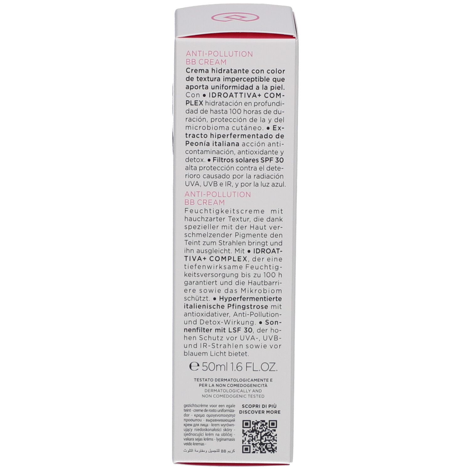 Emballage Collistar IDROATTIVA+ Anti-Pollution BB Cream. Description du produit en deux langues.