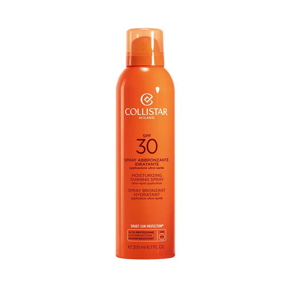 Flacon spray orange avec logo Collistar, SPF 30. Texte : Spray abbronzante idratante, Moisturizing Tanning Spray, Spray bronzant hydratant.