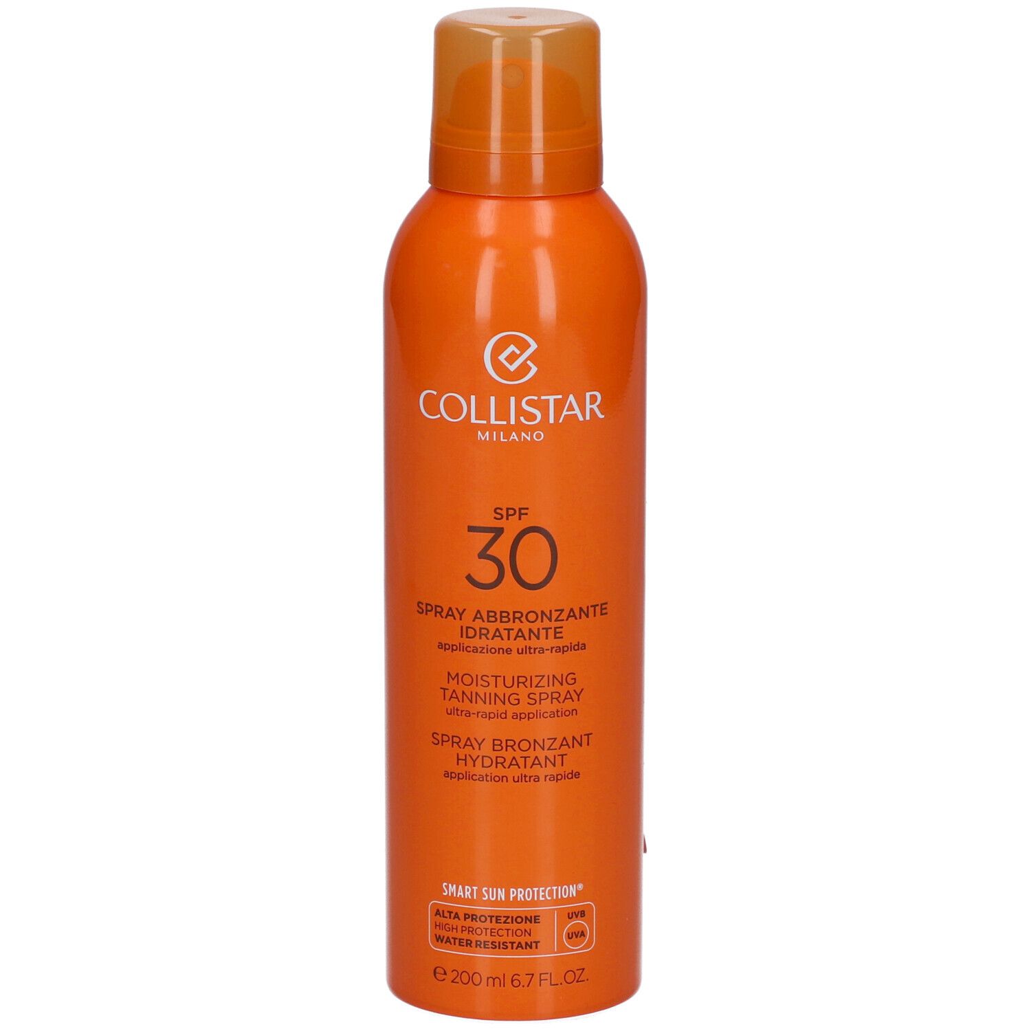 Orangefarbene Sprühflasche mit Collistar-Logo, SPF 30. Text: Spray abbronzante idratante, Moisturizing Tanning Spray, Spray bronzant hydratant.