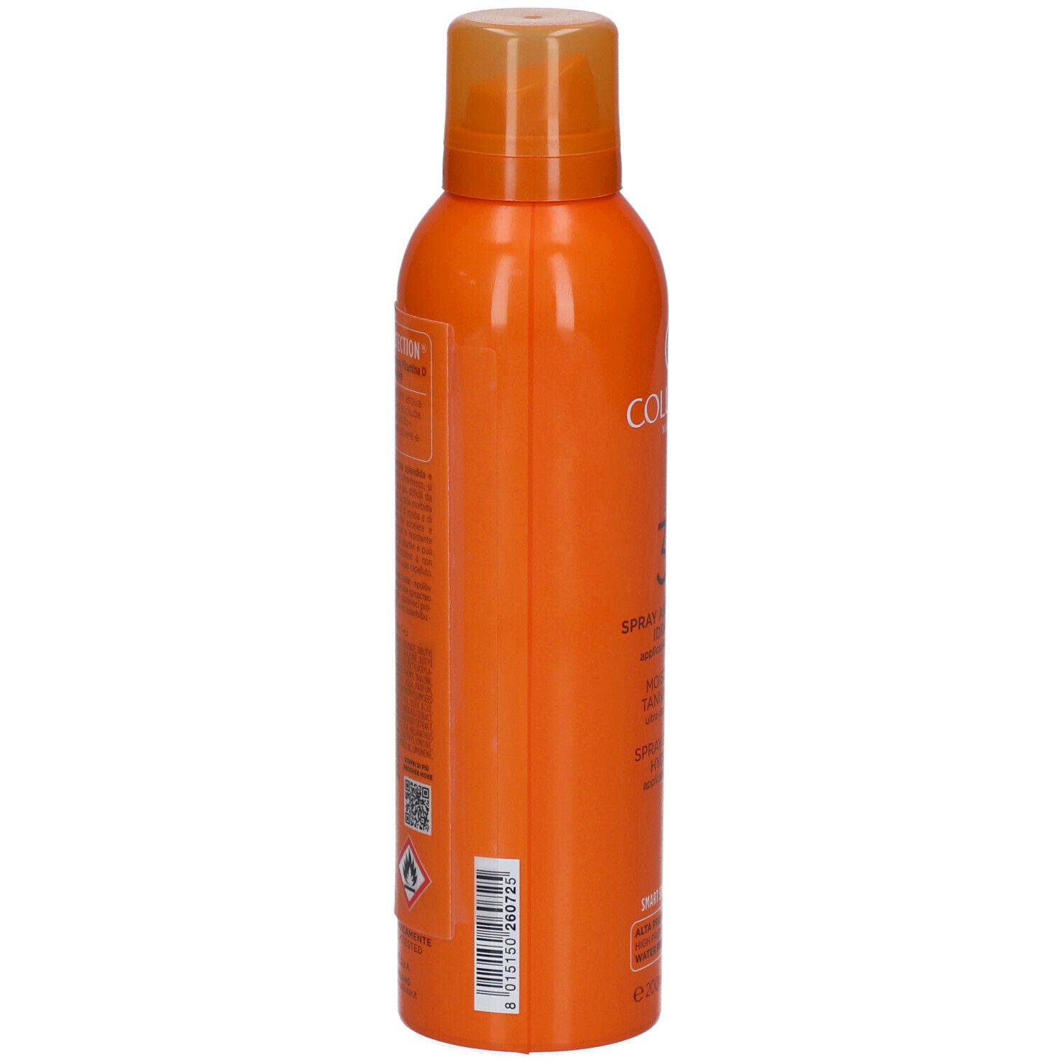 Orangefarbene Sprühflasche. Aufschrift: Collistar, SPF 30. Rückseite mit Text und Barcode. Wasserfest.
