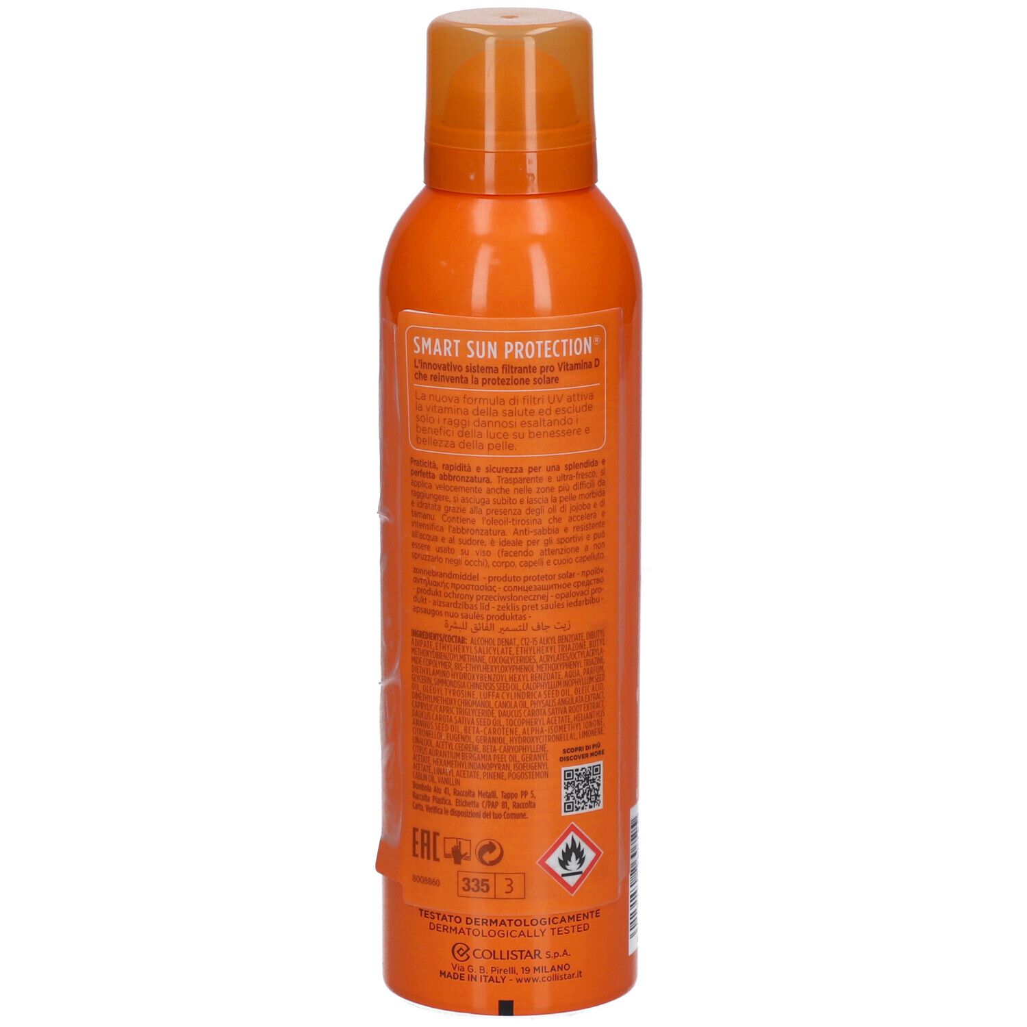 Orangefarbene Sprühflasche. Aufschrift: Collistar, SPF 30. Rückseite mit Text und Barcode. Dermatologisch getestet.