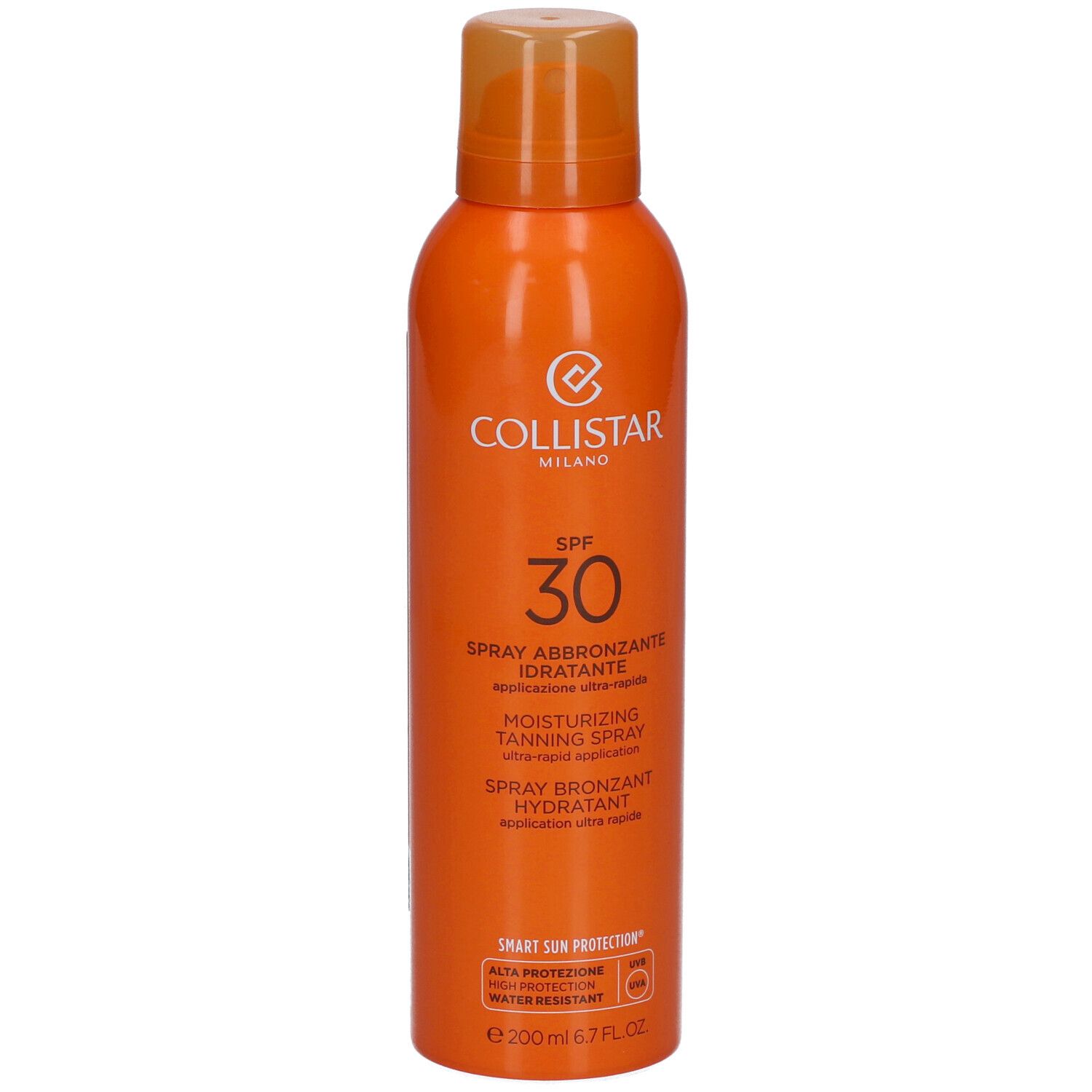 Orangefarbene Sprühflasche mit Collistar-Logo, SPF 30. Text: Spray abbronzante idratante, Moisturizing Tanning Spray, Spray bronzant hydratant.