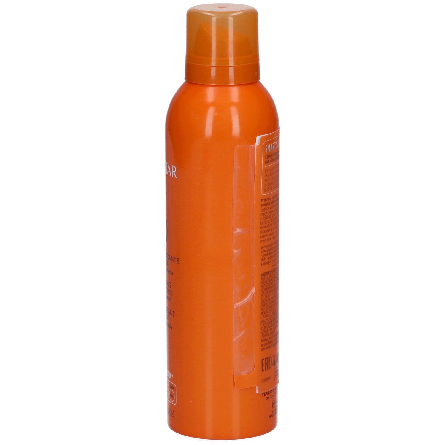 Orangefarbene Sprühflasche. Aufschrift: Collistar, SPF 30. Rückseite mit Text.