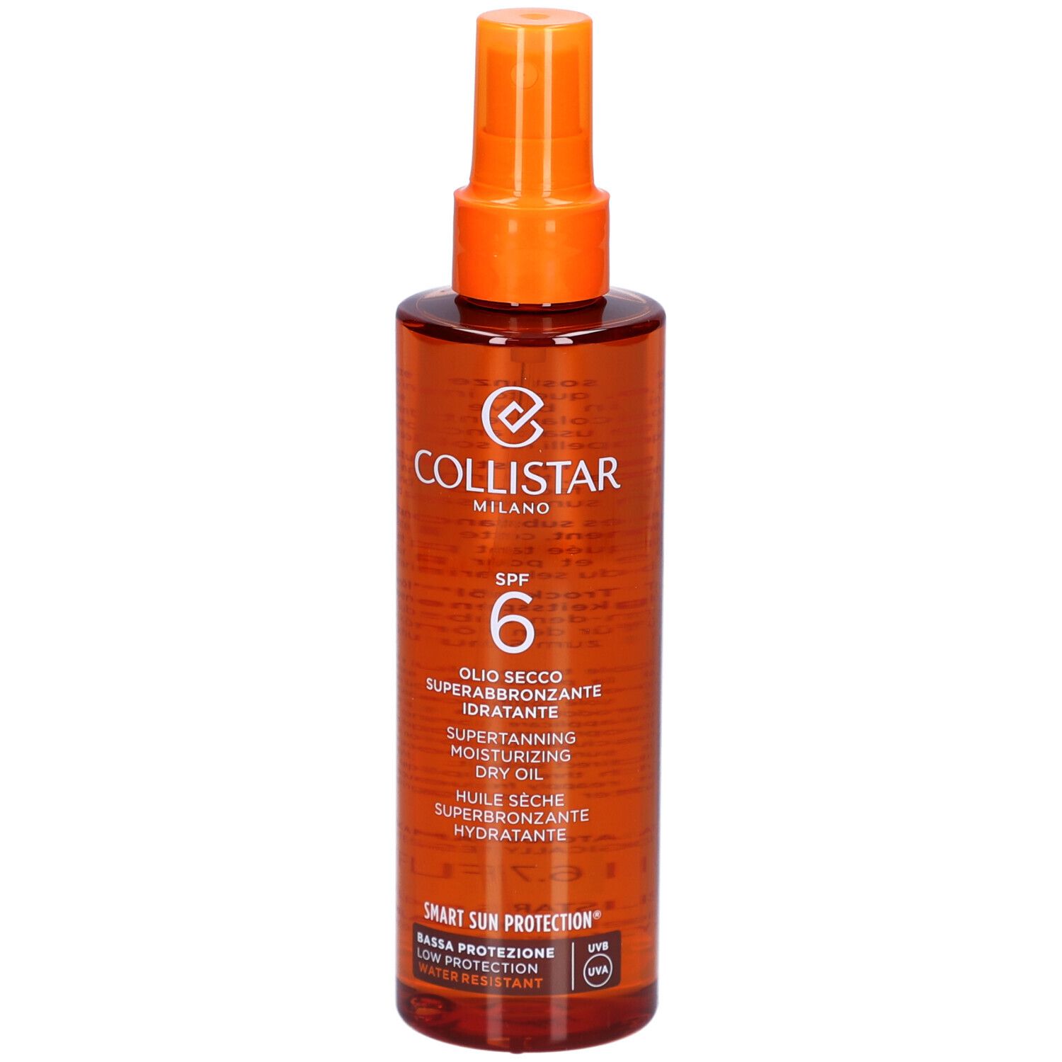 Flacon brun avec vaporisateur. Inscriptions : Collistar Milano, SPF 6, huile.