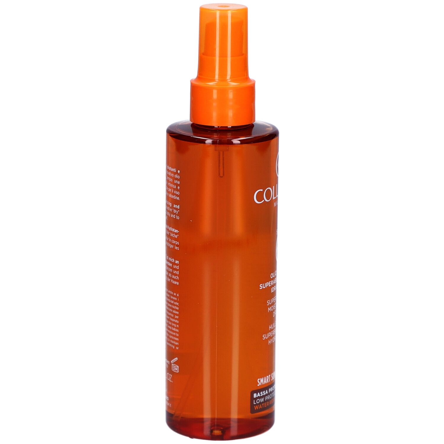 Flacon brun avec vaporisateur. Inscriptions : Collistar Milano, SPF 6, huile.