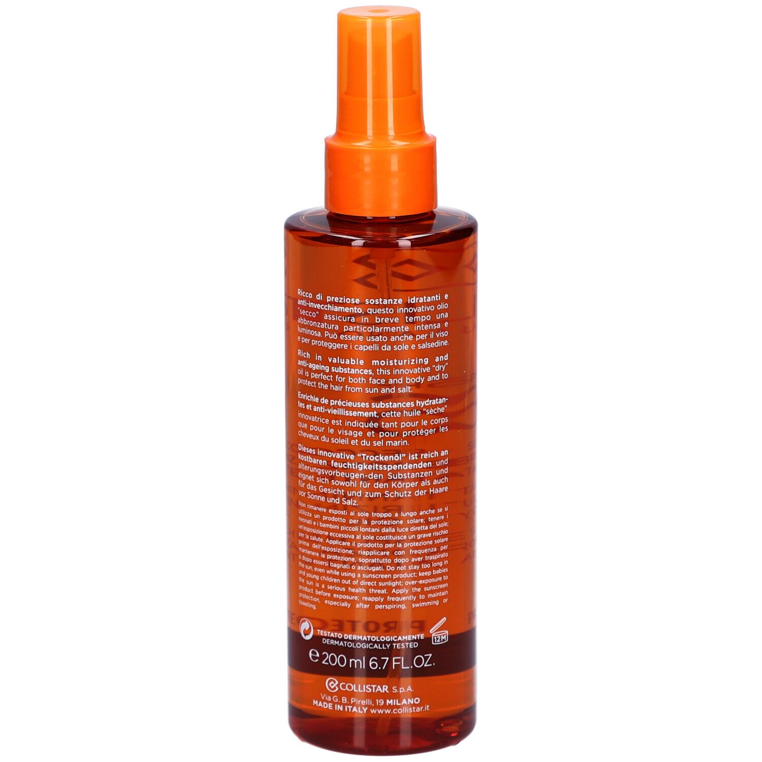 Flacon brun avec vaporisateur. Inscriptions : Collistar Milano, SPF 6, huile.