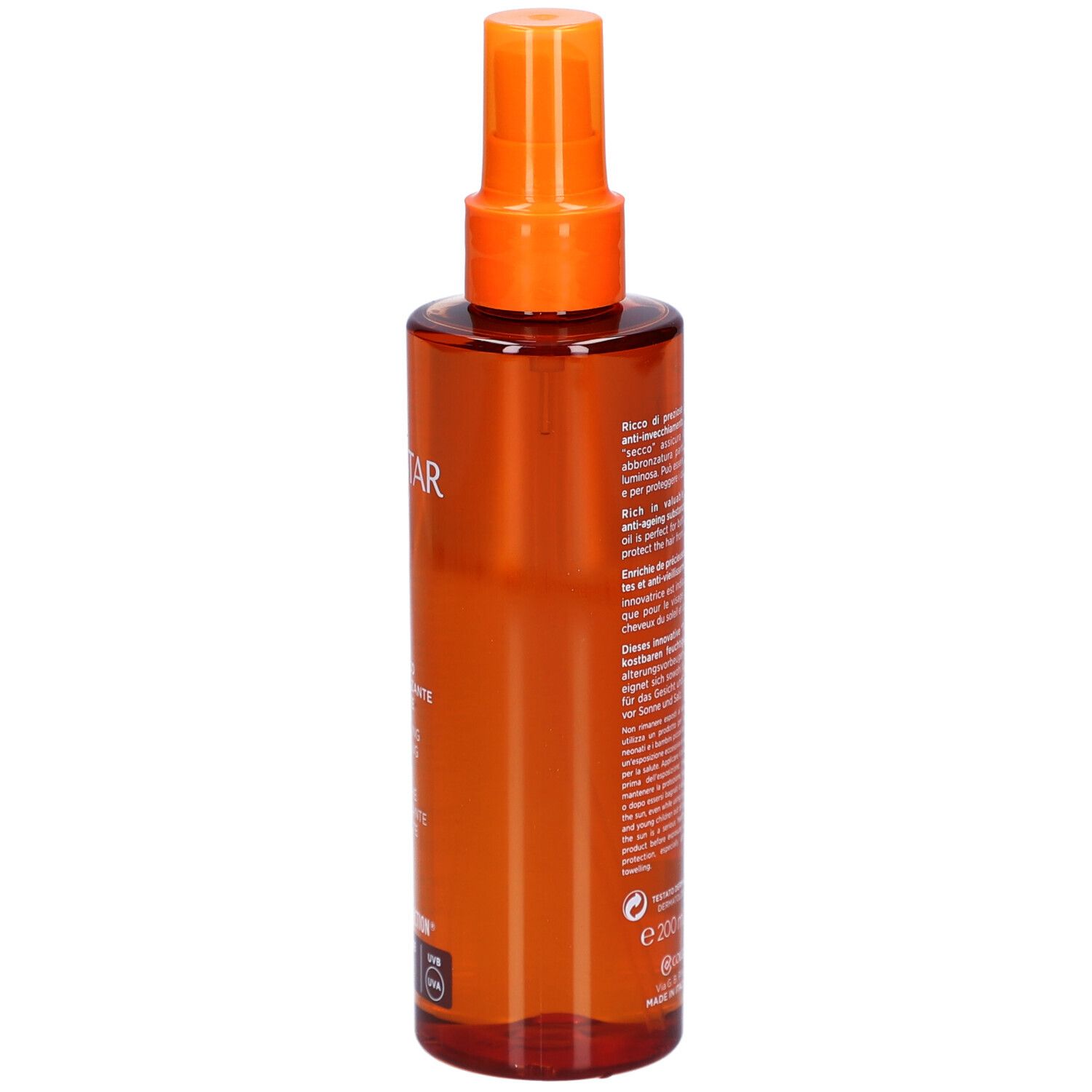 Flacon brun avec vaporisateur. Inscriptions : Collistar Milano, SPF 6, huile.
