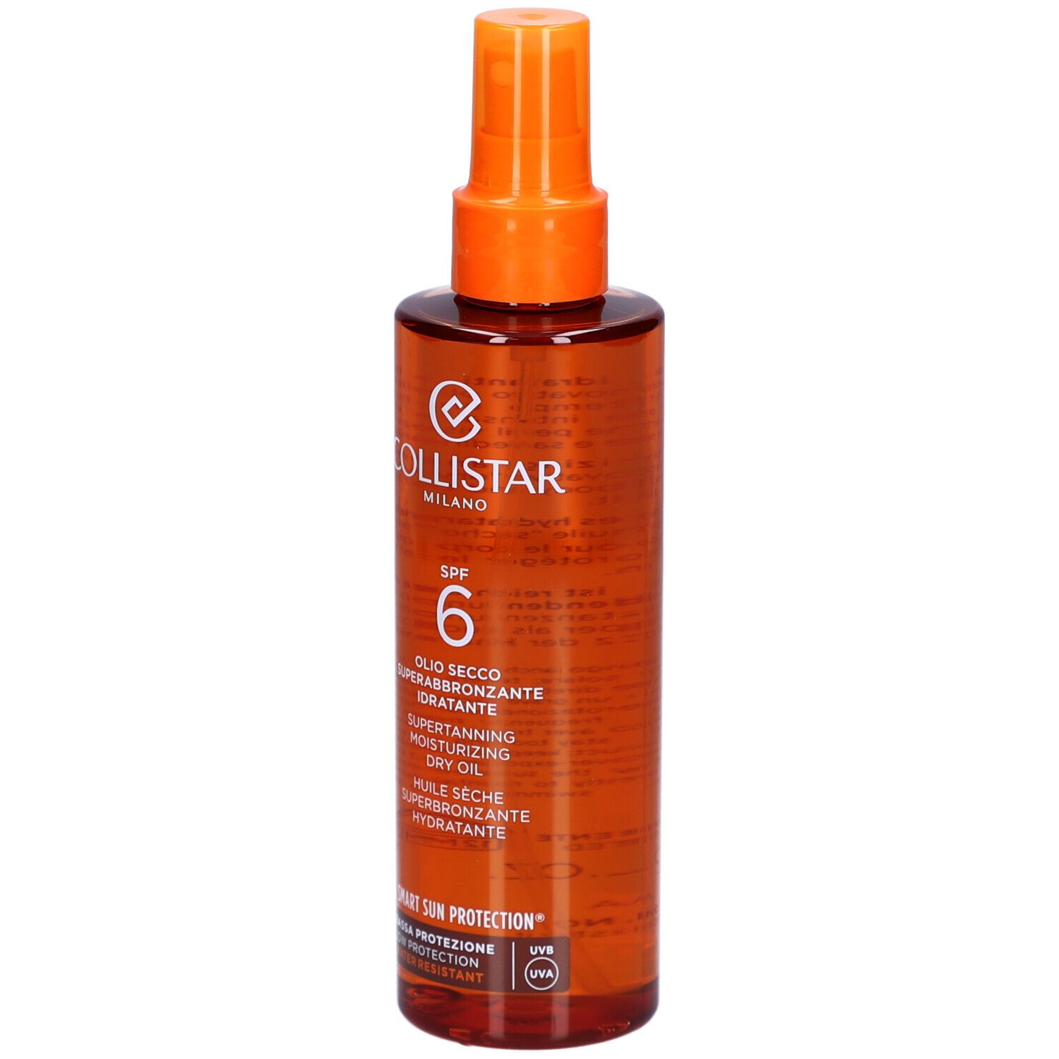 Flacon brun avec vaporisateur. Inscriptions : Collistar Milano, SPF 6, huile.