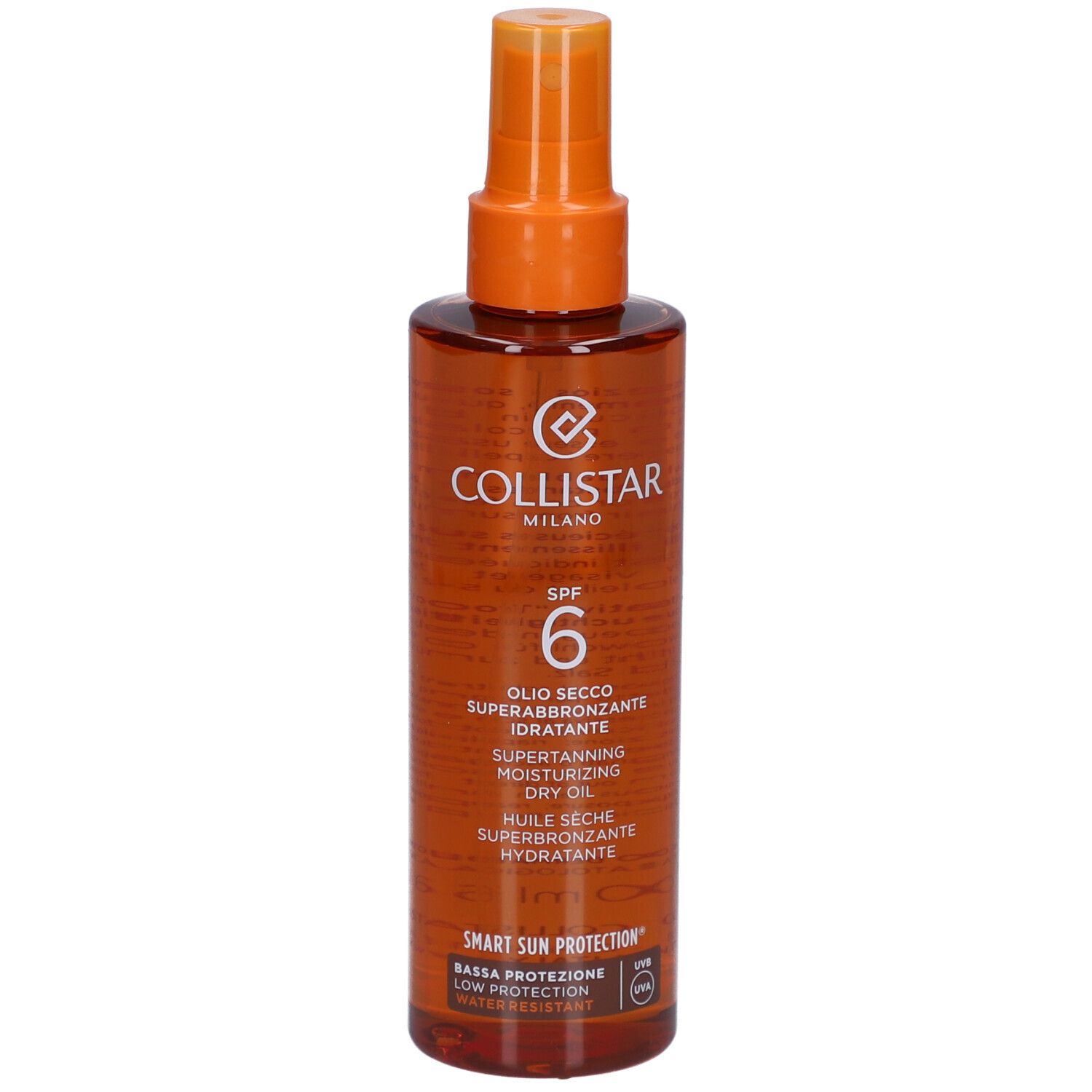Flacon brun avec vaporisateur. Inscriptions : Collistar Milano, SPF 6, huile.
