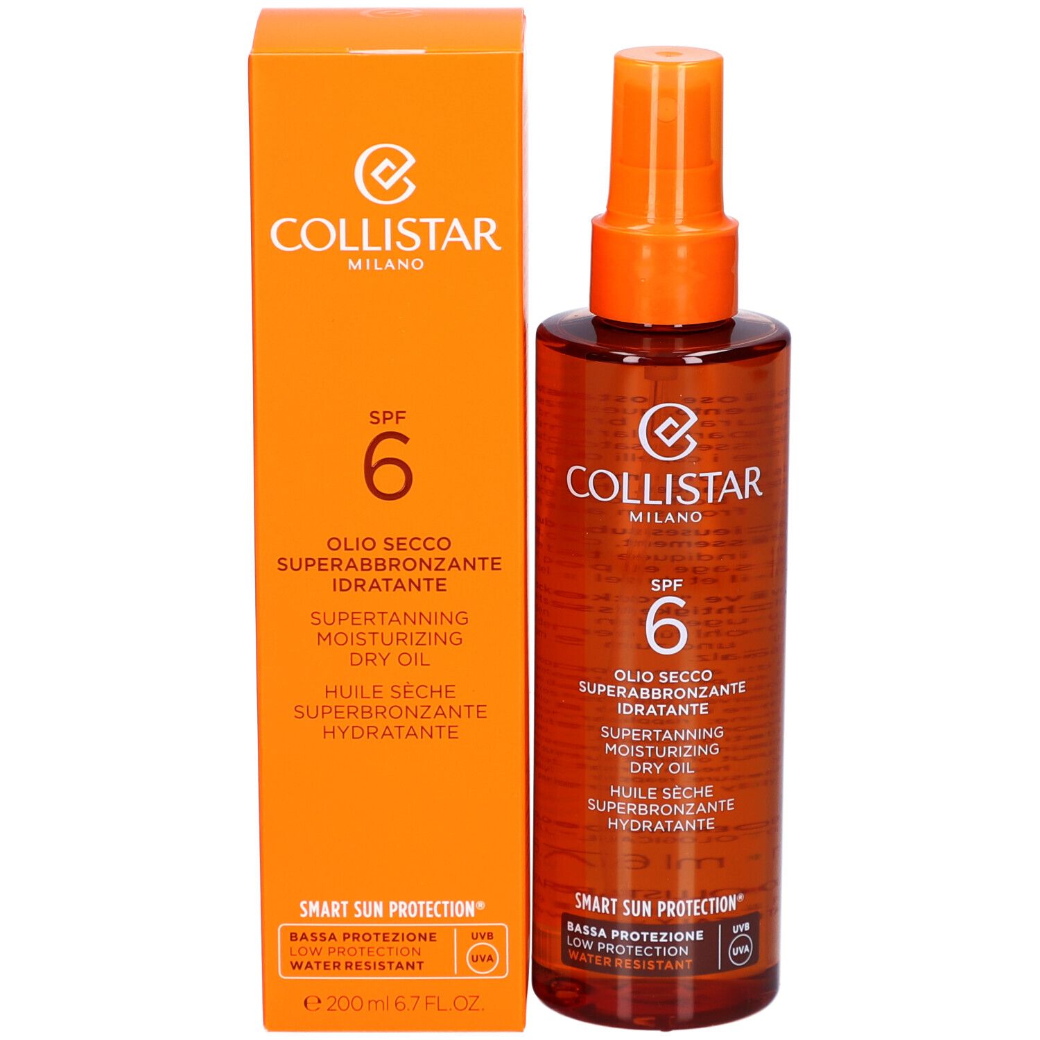 Flacon brun avec vaporisateur et emballage orange. Inscriptions : Collistar Milano, SPF 6.