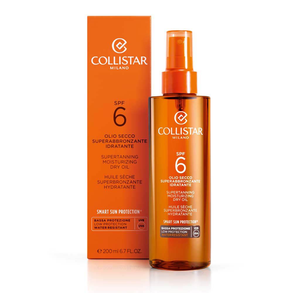 Flacon brun avec vaporisateur et emballage orange. Inscriptions : Collistar Milano, SPF 6.