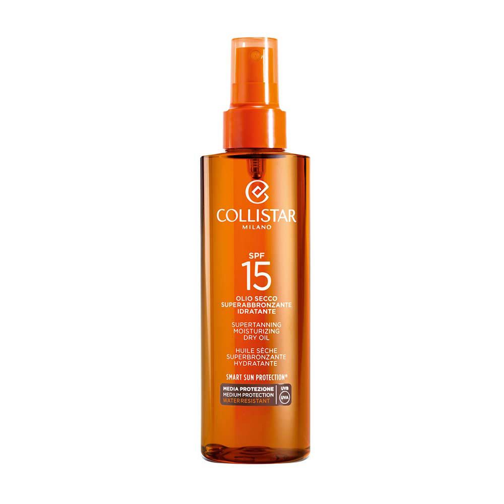 Flacon brun avec vaporisateur. Texte : SPF 15, Superbronzant, Huile Sèche. Marque : Collistar.