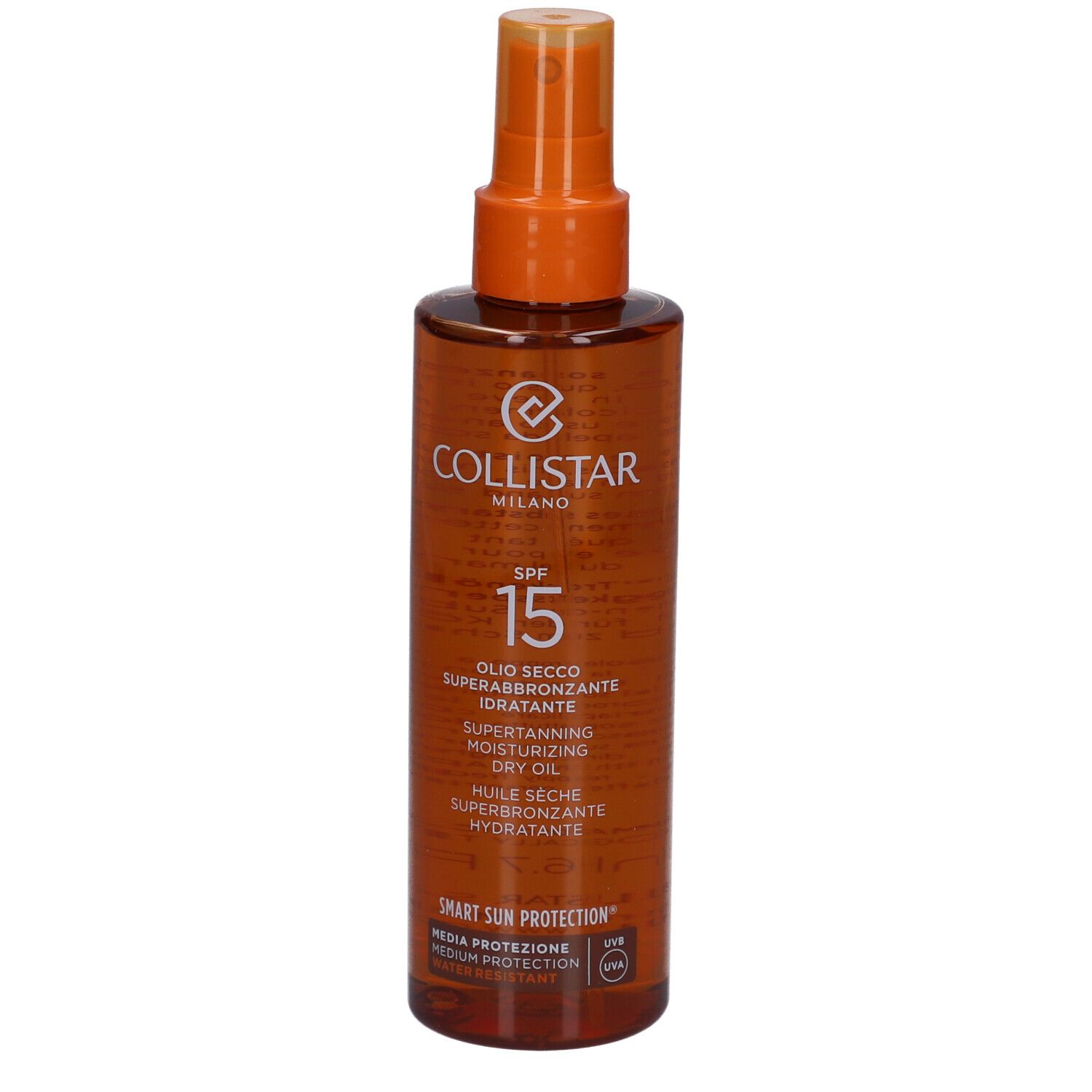 Flacon brun avec vaporisateur. Texte : SPF 15, Superbronzant, Huile Sèche. Marque : Collistar.