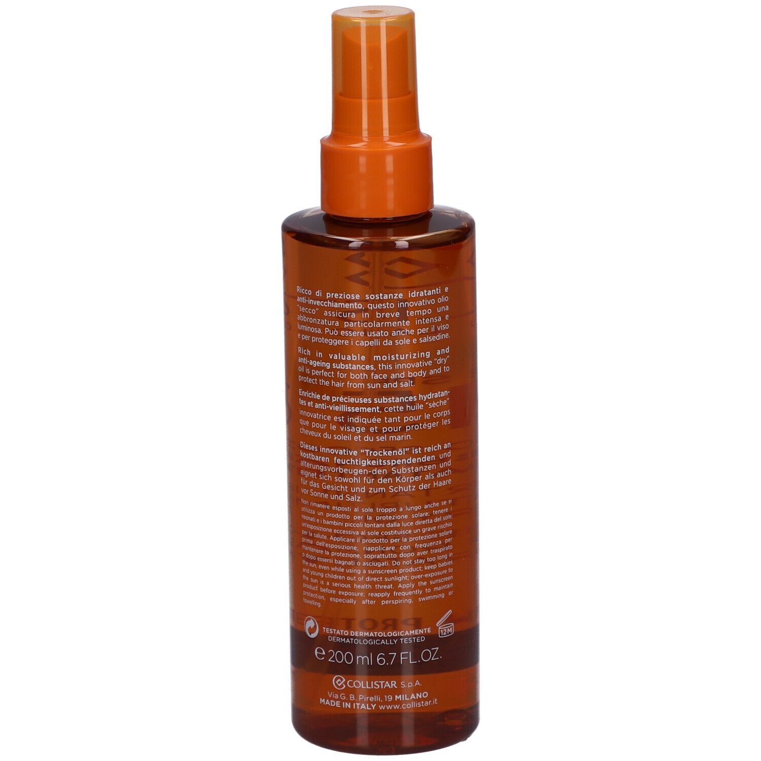 Flacon brun avec vaporisateur. Texte au dos. Marque : Collistar.