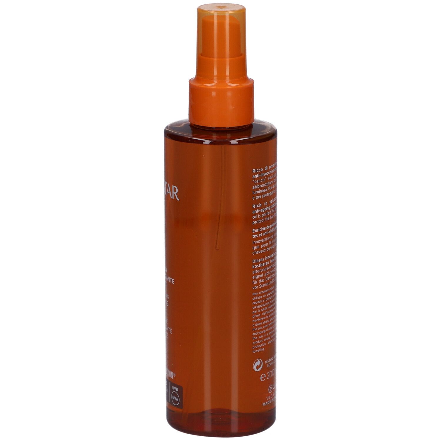 Flacon brun avec vaporisateur. Texte au dos. Marque : Collistar.