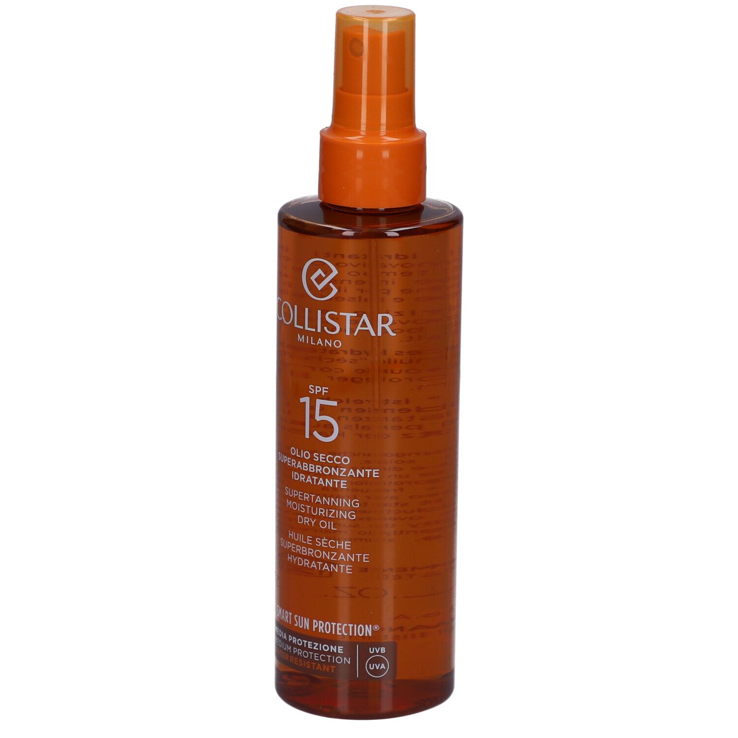 Flacon brun avec vaporisateur. Texte : SPF 15, Superbronzant, Huile Sèche. Marque : Collistar.