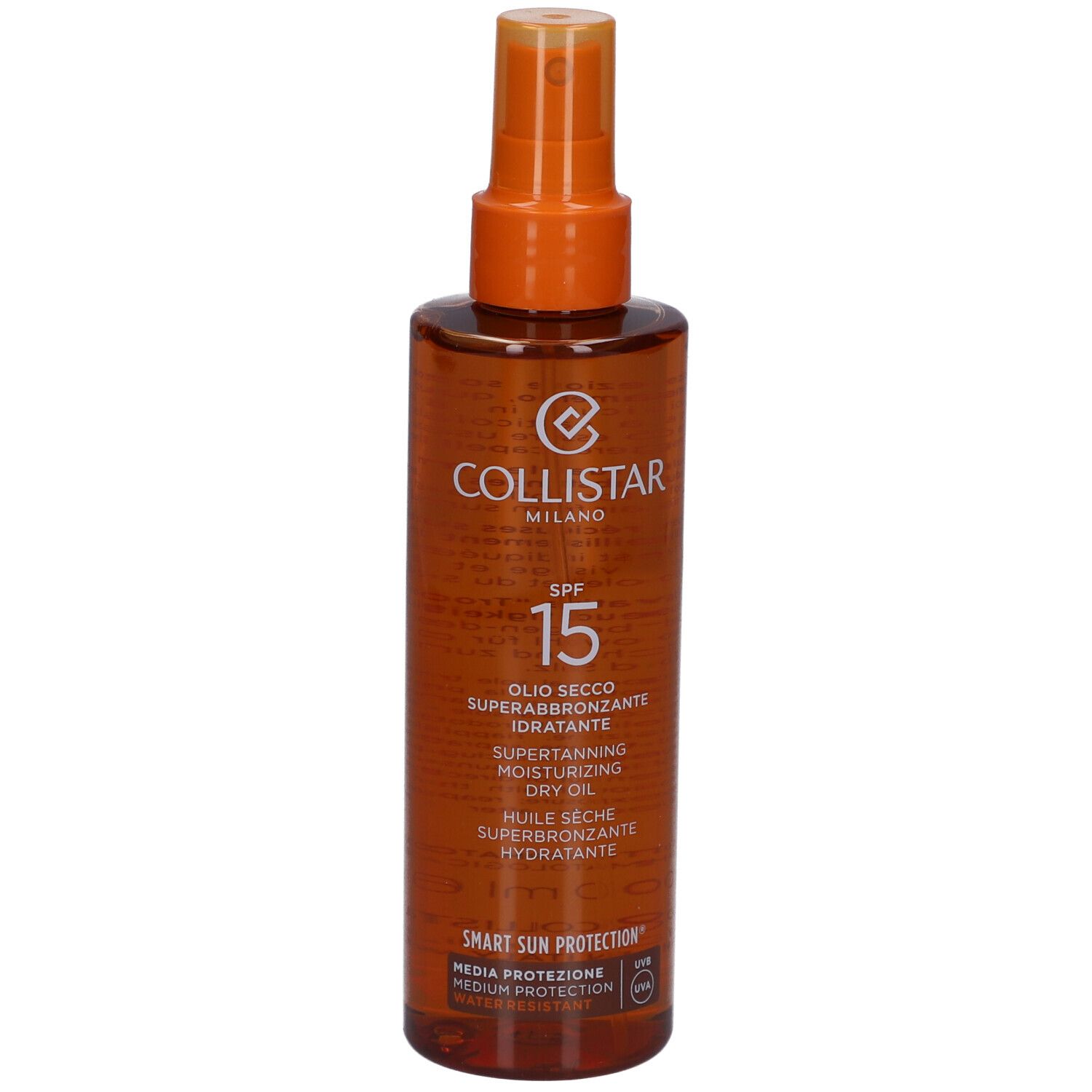 Flacon brun avec vaporisateur. Texte : SPF 15, Superbronzant, Huile Sèche. Marque : Collistar.