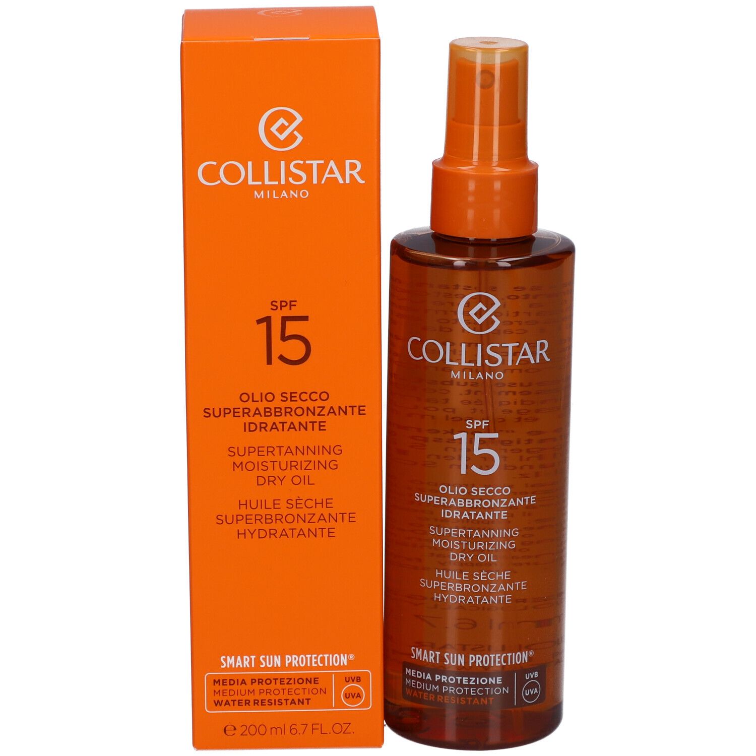 Produit et emballage. Texte : SPF 15, Superbronzant, Huile Sèche. Marque : Collistar.