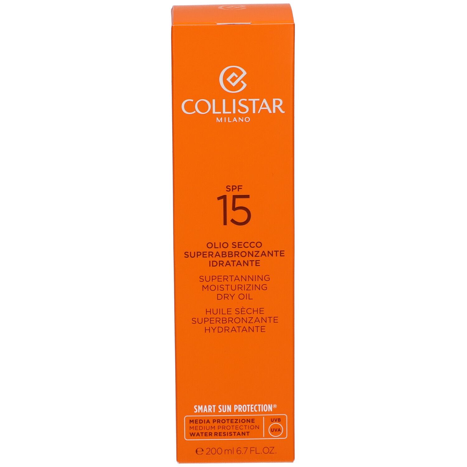 Emballage. Texte : SPF 15, Superbronzant, Huile Sèche. Marque : Collistar.