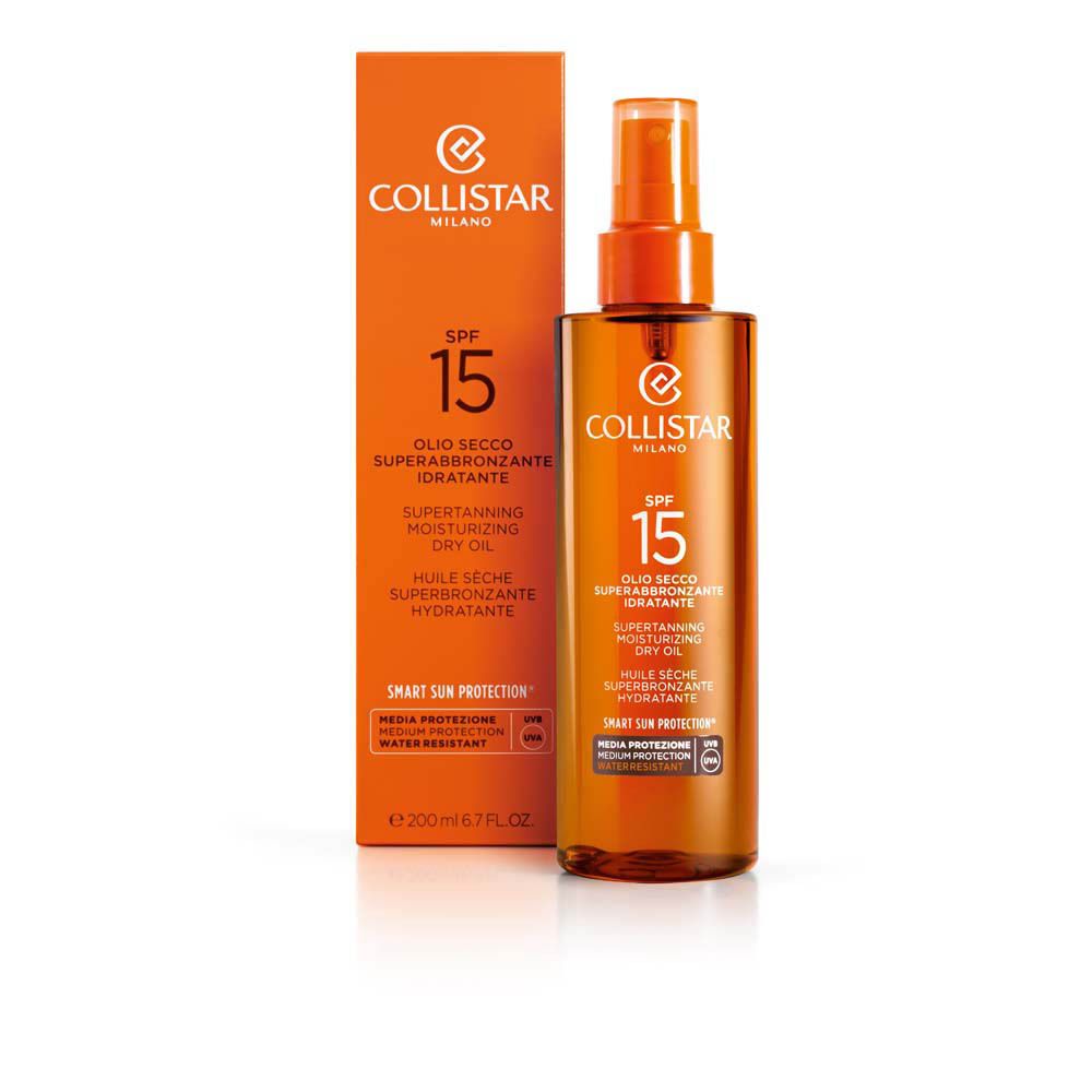 Produit et emballage. Texte : SPF 15, Superbronzant, Huile Sèche. Marque : Collistar.