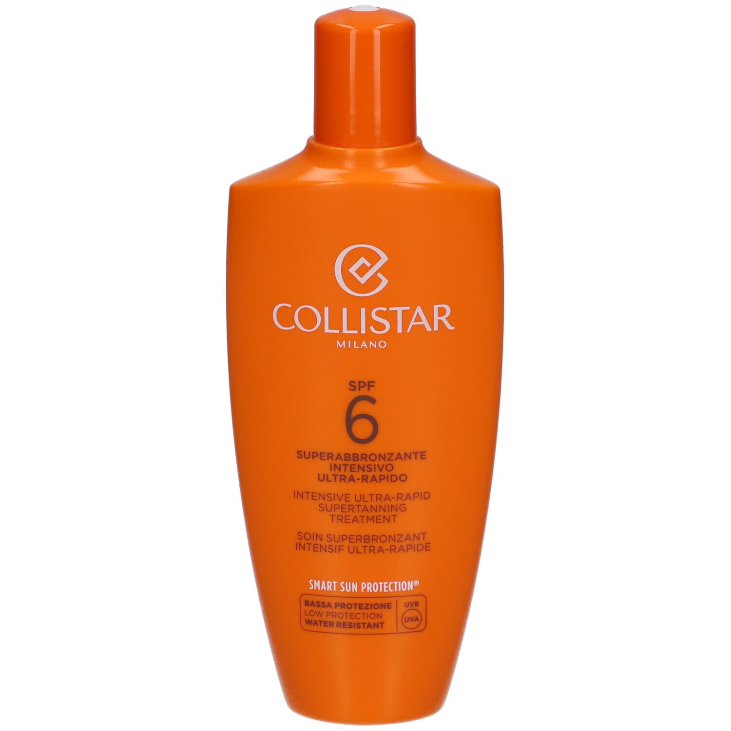 Orangefarbene Flasche mit weißem Etikett. Collistar Milano, SPF 6, Superabbronzante Intensivo Ultra-Rapido. Wasserfest.