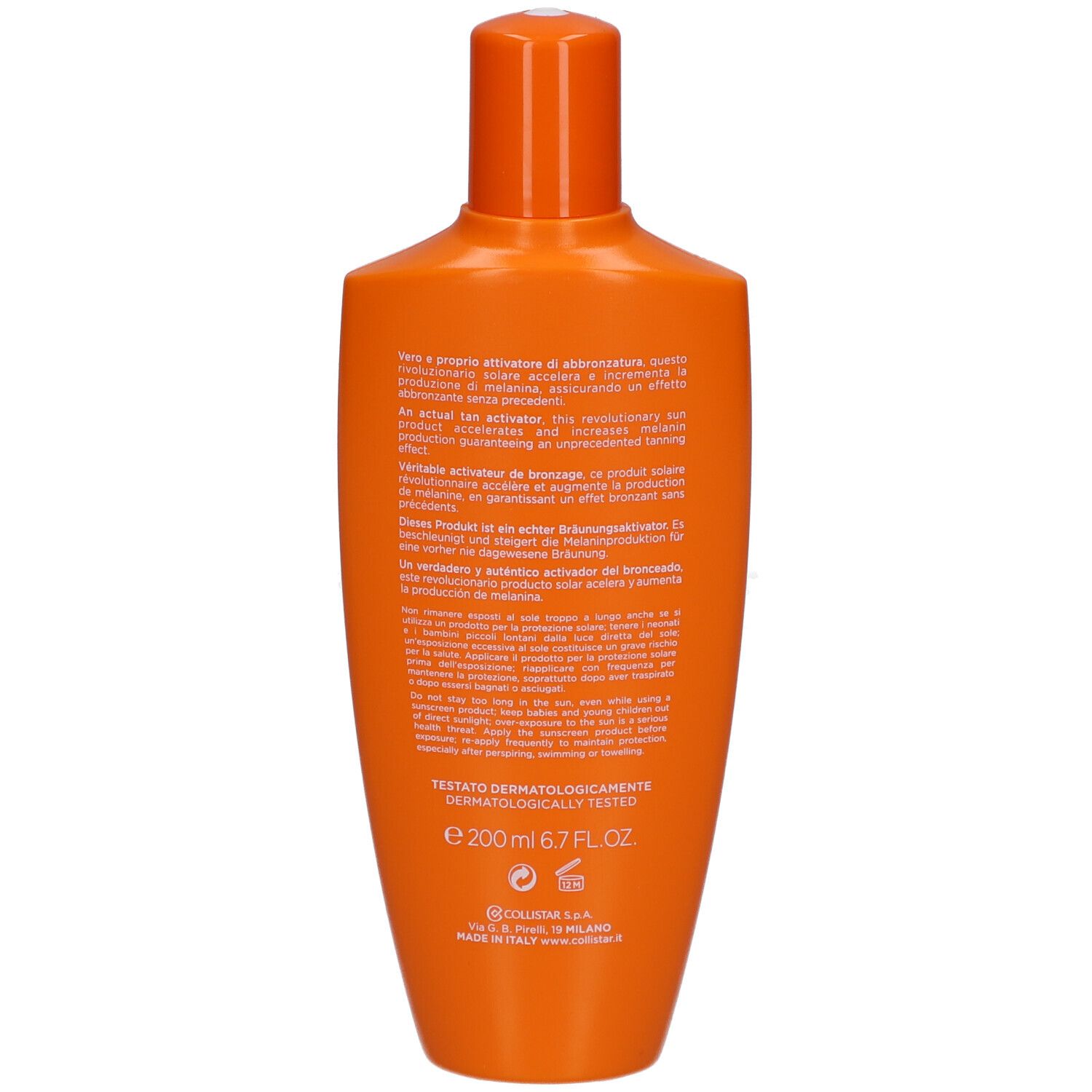 Rückseite einer orangefarbenen Flasche. Text in mehreren Sprachen. Dermatologisch getestet. 200 ml, 6.7 FL.OZ.