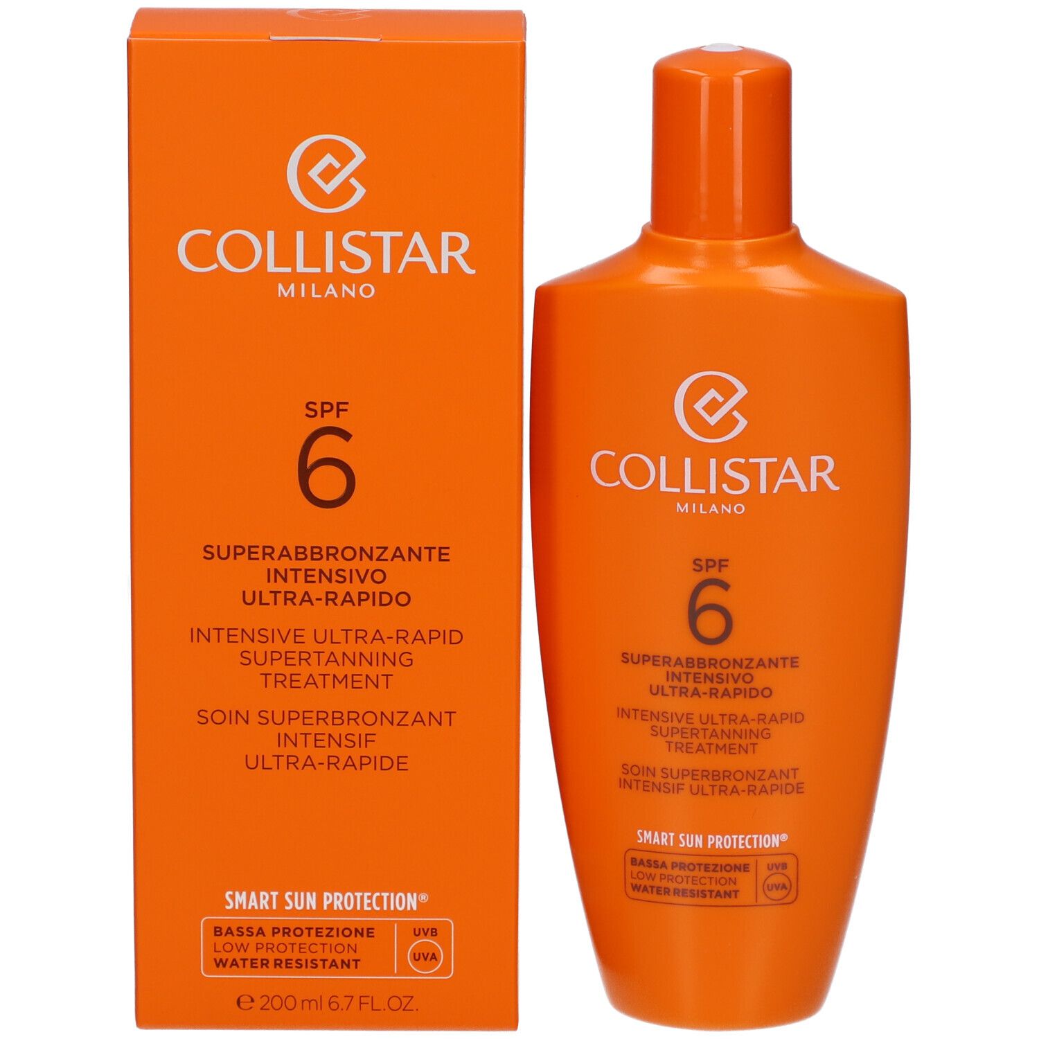 Orangefarbene Schachtel und Flasche. Collistar Milano, SPF 6, Superabbronzante Intensivo Ultra-Rapido. Wasserfest.